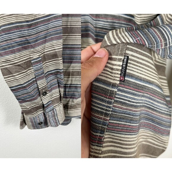 Swiss Tech Men Size XL Brown Strip Button Up Casual Office Collar Shirt Top - Picture 4 of 5